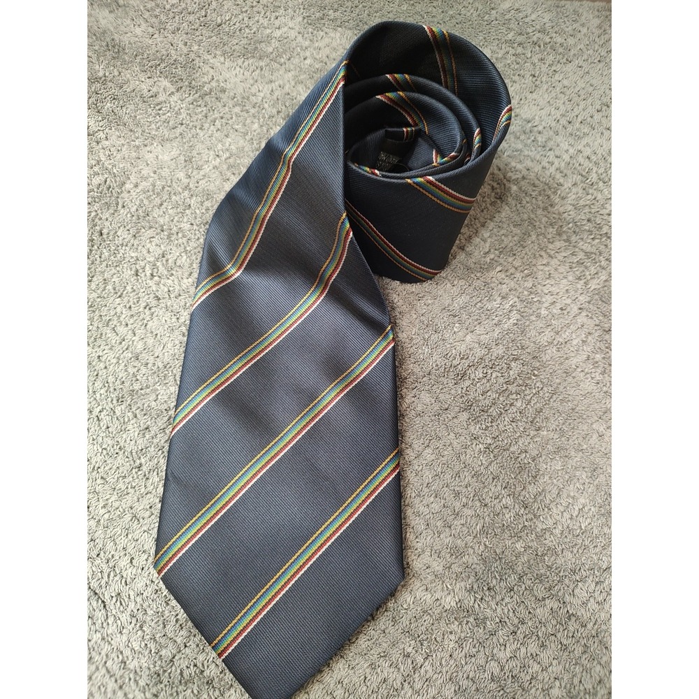 Festive Navy Blue Striped Rainbow Printed Silk Tie Handmade